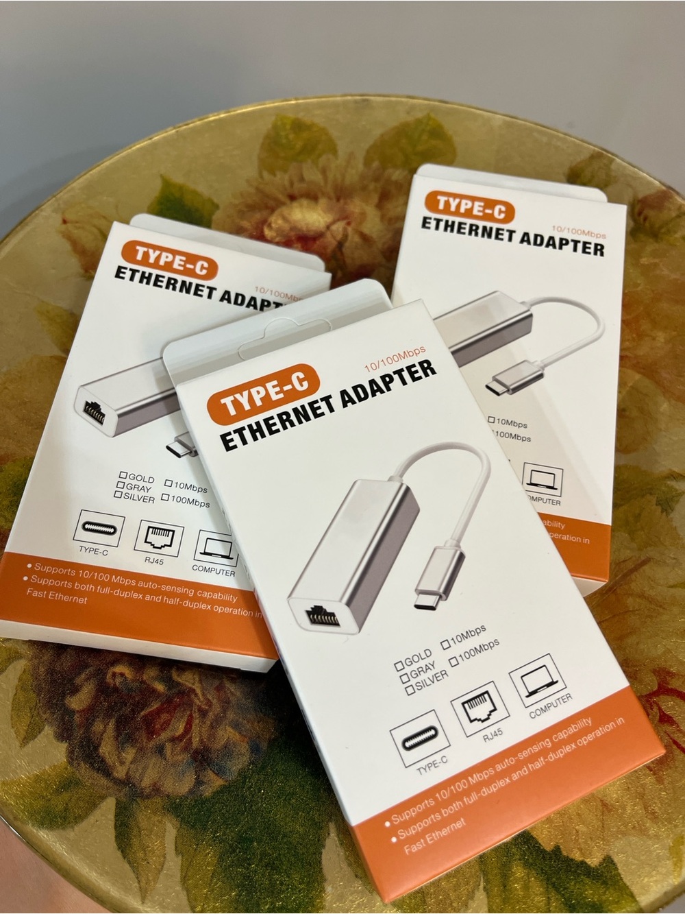 Set of 3 - Type-C Ethernet Adapter - Silver & White